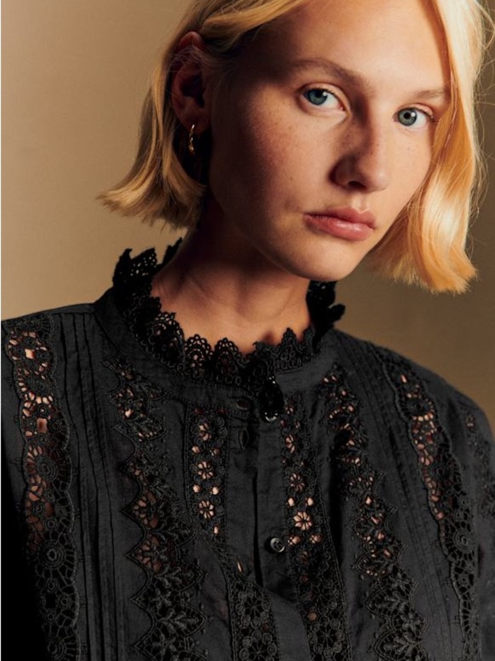 SEZANE NWT Black Floral Embroidered Crochet Lace Button Down Rym Shirt Blouse - Picture 10 of 16